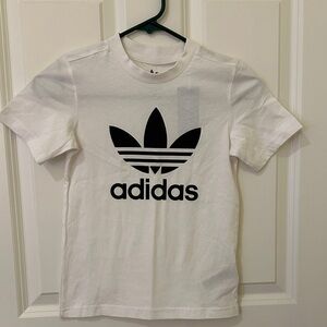Adidas Kids Tee in White with Oversized Black Trefoil, Size 7-8 Youth